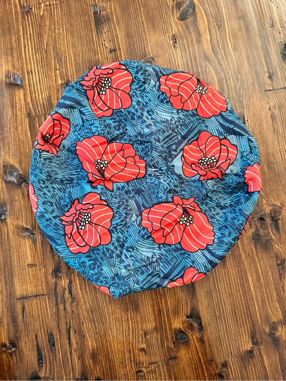 Blue Floral Satin Lined Bonnet with Red Poppy Print